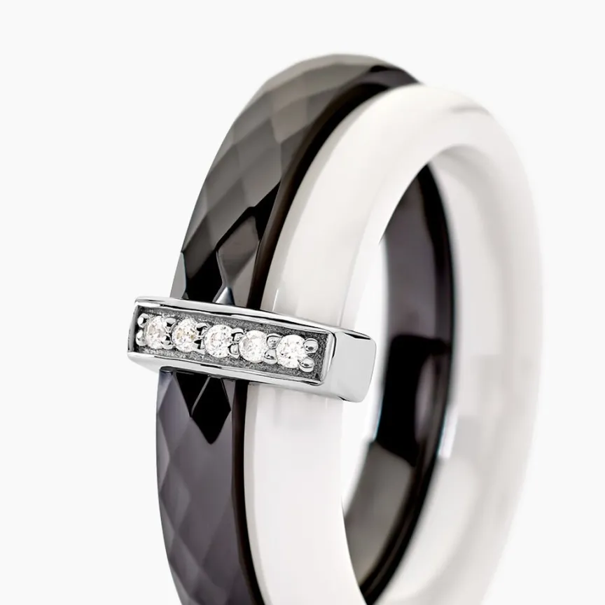 Bague Barette Bicolore Ceramique Argent Blanc Oxyde De Zirconium-Histoire d'Or