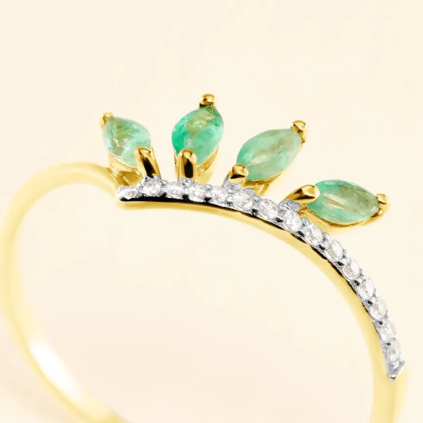 Bague Navette Or Jaune Emeraude Diamant-Histoire d'Or Clearance