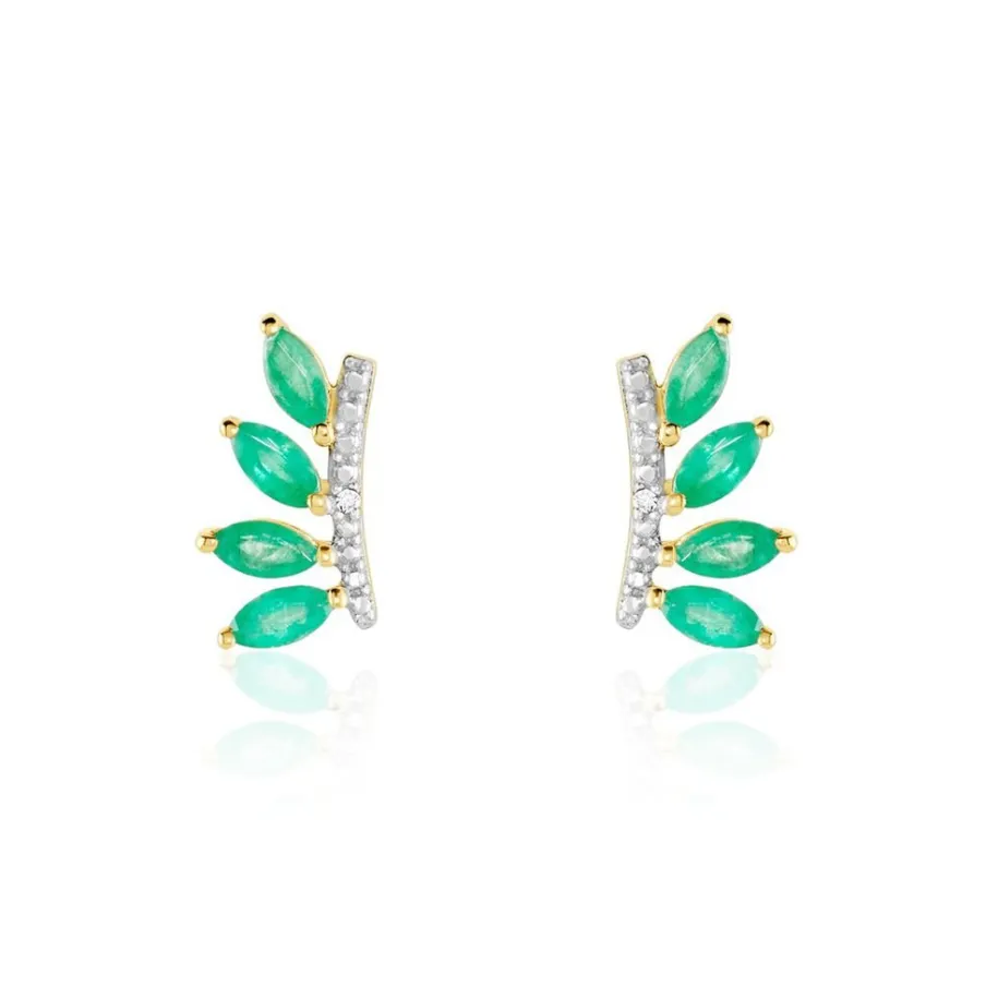 Histoire d'Or Boucles D'oreilles Puces Navette Or Jaune Emeraude Diamant