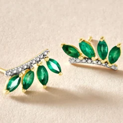 Histoire d'Or Boucles D'oreilles Puces Navette Or Jaune Emeraude Diamant