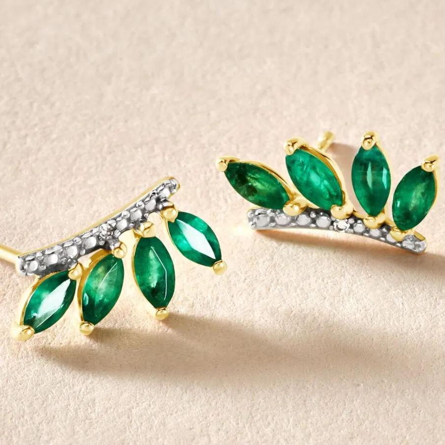 Histoire d'Or Boucles D'oreilles Puces Navette Or Jaune Emeraude Diamant