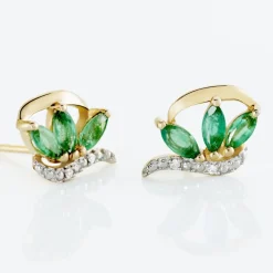 Histoire d'Or Boucles D'oreilles Puces Or Bicolore Petale Emeraude Diamant