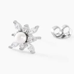 Boucles D'oreilles Puces Rhoda Argent Blanc Perle De Culture Oxyde-Histoire d'Or Sale