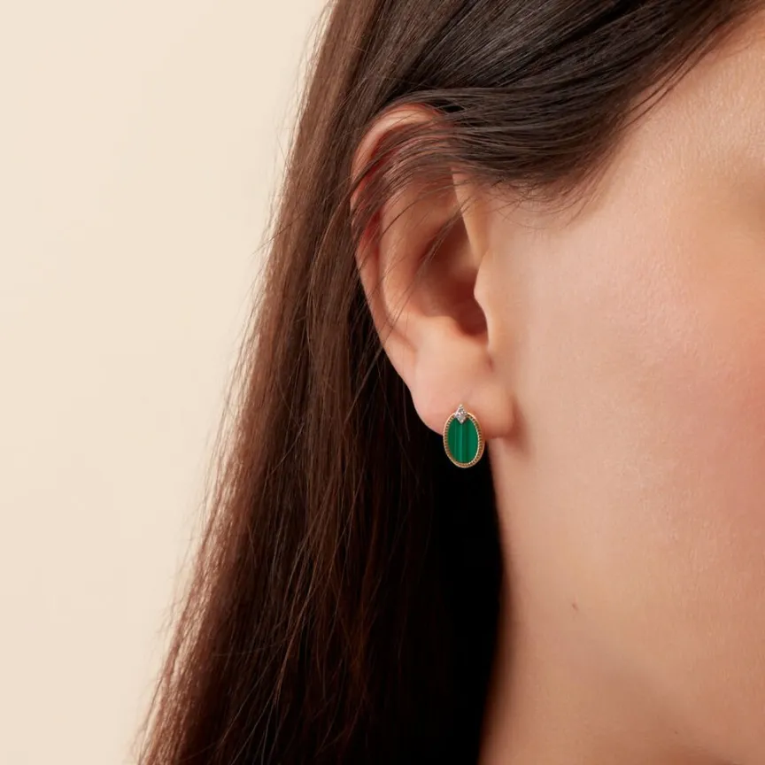 Boucles D'oreilles Puces Tahina Or Jaune Malachite Diamant-Histoire d'Or Online