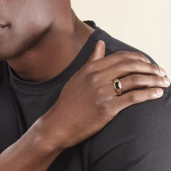 Histoire d'Or Chevalière Plaqué Or Jaune Steven Email Noir