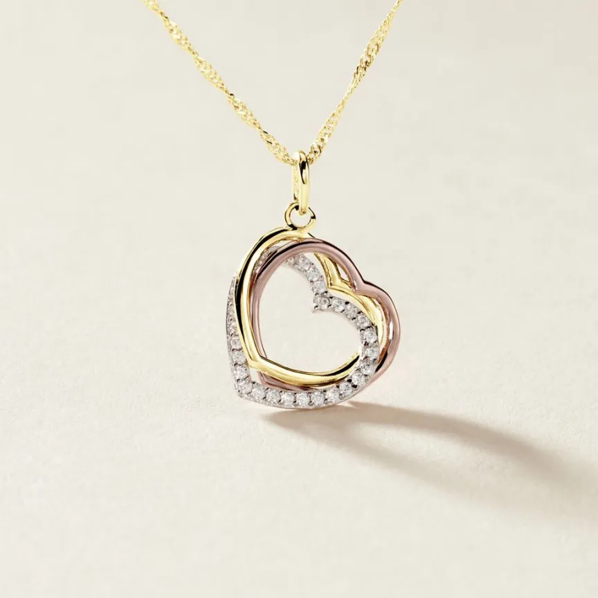 Pendentif Coeur Penche Double Or Tricolore Oxyde De Zirconium-Histoire d'Or Online